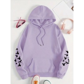 Women's Plus Size Soft Casual Hooded Sweatshirt with Artistic Back Print - Black & White & Bird Design, Kangaroo Pocket, Relaxed Fit, Machine Washable, All-Season Comfort, Ladies Sweatshirts, Decorative Text Design