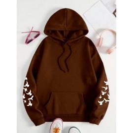 Women's Plus Size Soft Casual Hooded Sweatshirt with Artistic Back Print - Black & White & Bird Design, Kangaroo Pocket, Relaxed Fit, Machine Washable, All-Season Comfort, Ladies Sweatshirts, Decorative Text Design