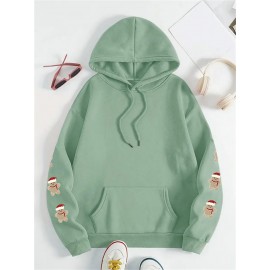 Plus Size, Women's Oversized Christmas Gingerbread Cookie Print Hooded Sweatshirt - Soft Long Sleeve Pullover with Pocket, Merry Christmas Lettering & Plaid Snowflake Design, Cozy Casual Holiday Sweater for Casual Attire (Machine Washable)