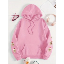 Plus Size, Women's Oversized Christmas Gingerbread Cookie Print Hooded Sweatshirt - Soft Long Sleeve Pullover with Pocket, Merry Christmas Lettering & Plaid Snowflake Design, Cozy Casual Holiday Sweater for Casual Attire (Machine Washable)