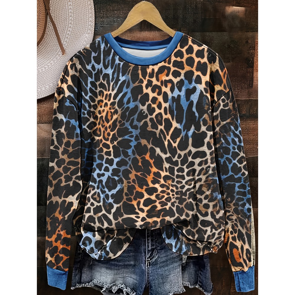 Plus Size, Women's Leopard Print Sweatshirt - Bold Black, Relaxed Fit Long Sleeve Pullover Sweater, Machine Washable Everyday Casual Outfit Essential for Women, Seasonal Fashion, Trendy Design, Soft Material, Printed Sweater, Adults