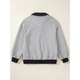 Plus Size - Plus Size Women'S Textured Button-Up Long Sleeve Sweatshirt - Relaxed Fit, Contrast Trim, Medium Stretch, All-Season Casual Pullover with Wide Collar, Machine Washable, Cute Sweatshirts, Versatile Clothing, Chic Style, Mediumstretch Fabric, Durable Clothing