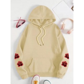 [Floral Print Hoodie] Women's Plus Size Floral Print Hoodie - Cozy Long Sleeve Pullover with Pockets, Soft Casual Wear, Brown with Red Roses and Green Leaves Design, Allseason Hoodie | Stylish Casualwear | Comfortable Fabri