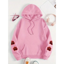 [Floral Print Hoodie] Women's Plus Size Floral Print Hoodie - Cozy Long Sleeve Pullover with Pockets, Soft Casual Wear, Brown with Red Roses and Green Leaves Design, Allseason Hoodie | Stylish Casualwear | Comfortable Fabri