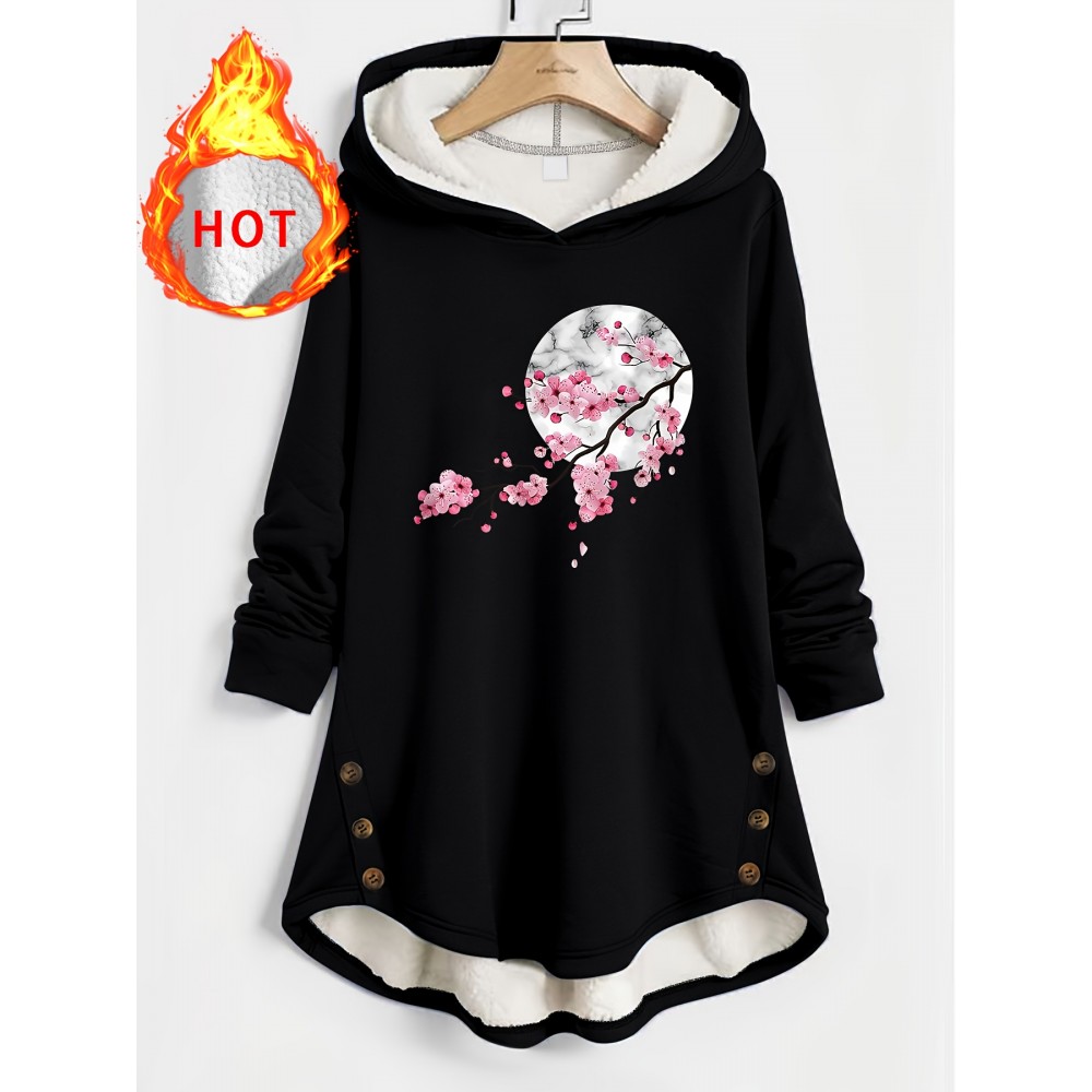 Plus Size, Women's Plus Size -Lined Hooded Button-Up Sweatshirt, Warm Autumn/Winter Hooded Jacket, -Lined Hood, Pattern Print, Comfortable Fit, Machine Washable, Fashionable for Fall/Winter Weather, Button Decoration, Durable Fabric