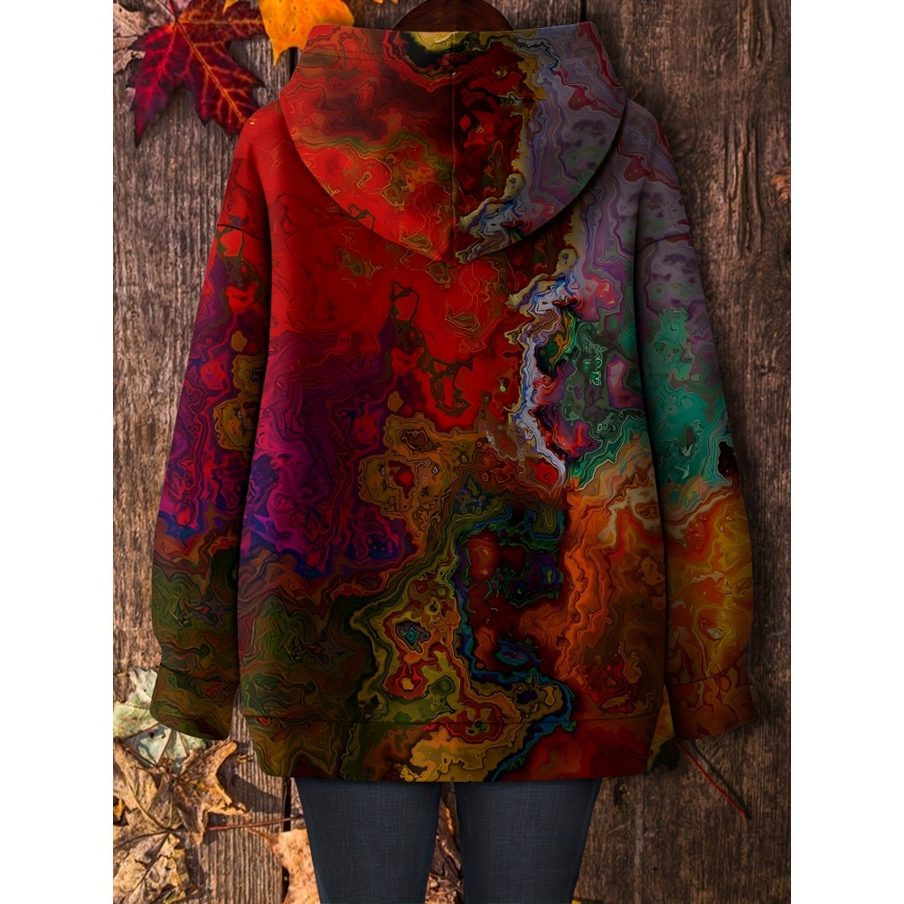 Plus Size, Plus Size Marble Texture Print Pattern, Casual Comfortable Plus Size Hoodie for Women, No Accessories Included