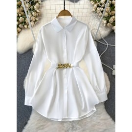 Plus Size, Women's Elegant Blouse Shirt - Long Sleeve Button-up top with Belt Accent, Non-Stretchy Fabric for Formal & Everyday Outfits - Office, Party, Casual Chic Outfits - Machine Washable Women's Clothing, Office Attire, Classic Collar, Polished Look, Stylish Top, Professional Women