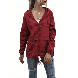Women's Water-Resistant Hooded Jacket - Solid Color, Zip-Up with Drawstring Detail, Casual Polyester Coat for Spring/Fall, Machine Washable - Sizes L to XXL