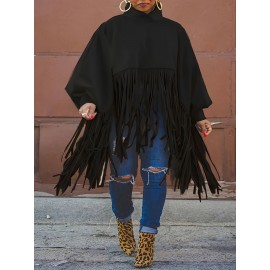 [Plus Size Tassel Top] Plus Size Women's Tassel Top - Vibrant Red Retro Chic Oversized High Neck Long Sleeve Blouse | Batwing Sleeves, Flowy Fabric, Stretchy Machine-Washable | Party & Banquet, Festive Outfit, Fall/Winter Fashion, Casual & Formal Events