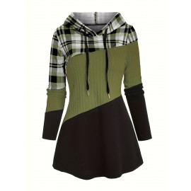 Plus Size - Plus Size Women'S Plaid Hooded Sweater - Long Sleeve Pullover with Drawstring Hood, Casual Fall/Winter Top, Pink & Checkered Pattern, Cozy Clothing | Relaxed Fit Sweater | Construction